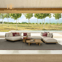 Ensemble de canapés en teck de luxe, canapé de jardin, villa, hôtel, canapé en bois résistant aux intempéries, canapé d'extérieur en forme de L