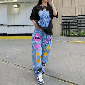 Kadınlar için özel Vintage grafik baskı yırtık erkek arkadaşı kot dökümlü pantolon Streetwear kadın uzun Denim pantolon