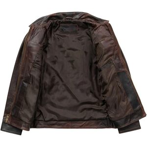 Blouson de moto en cuir pour homme, col chemise, style vieilli, fermeture éclair, style Cafe Racer, épaisseur standard, manches classiques - Product Image 4