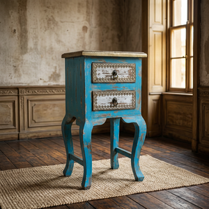 Reclaimed Wood Distressed <b>Blue</b> Colonial Style <b>Bedside</b> Nightstands Bedroom 2 Drawers <b>Table</b> Handcrafted For Living Room Hotel - Product Image 5