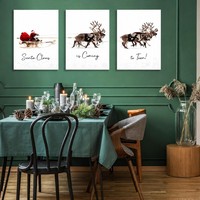 Père Noël arrive en ville - Ensemble de 3 tableaux muraux - Rennes et traîneau - Toile encadrée - Décoration de Noël pour la maison
