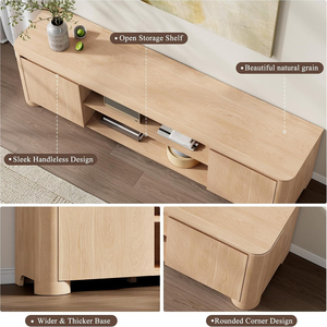 Mueble de TV Moderno de Roble Natural con Esquinas Redondeadas y Base Reforzada, Mueble de Almacenamiento para Sala de Estar sin Tiradores - Product Image 3