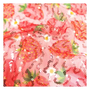 High Quality Stretch Red Printed Sequin Mesh Geometric Fabric Flowered Fabrics With Silver Sequins Decoration