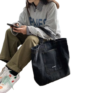 Hongfei Custom Logo Cotton Denim Extra Large <b>Foldable</b> Flexiloop Handle Zipper Closure Shoulder Tote <b>Bag</b> for Women Casual - Product Image 1