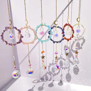 wholesale round light spinning k9 lustre for window with hanging Stone moon prism natural quartz circle crystal suncatchers