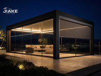 Pergola Aluminium Hitam Berlubang-lubang dengan Pintu Kaca Geser, Tirai Gulung, dan Lampu LED Strip untuk Dek Teras Gazebo dengan Pemandangan Matahari Terbenam