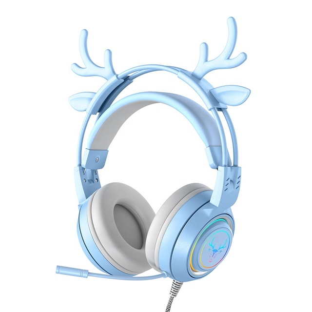 Girls Elk Cat Wired Headphones With Microphone, Stereo Bass Cute Kid RGB Music Phone Headset Gamer Woman Set LED Colors
