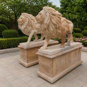 Statua di Leone Guardiano in Arenaria Beige Personalizzata, Scultura in Marmo per Decorazione Ingresso Cancello - Product Image 4