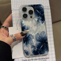 Coque de téléphone minimaliste motif fleur bleu foncé style aquarelle pour iPhone 17 Air 16 15 14 Pro Max, coque de protection souple antichoc macroporeuse