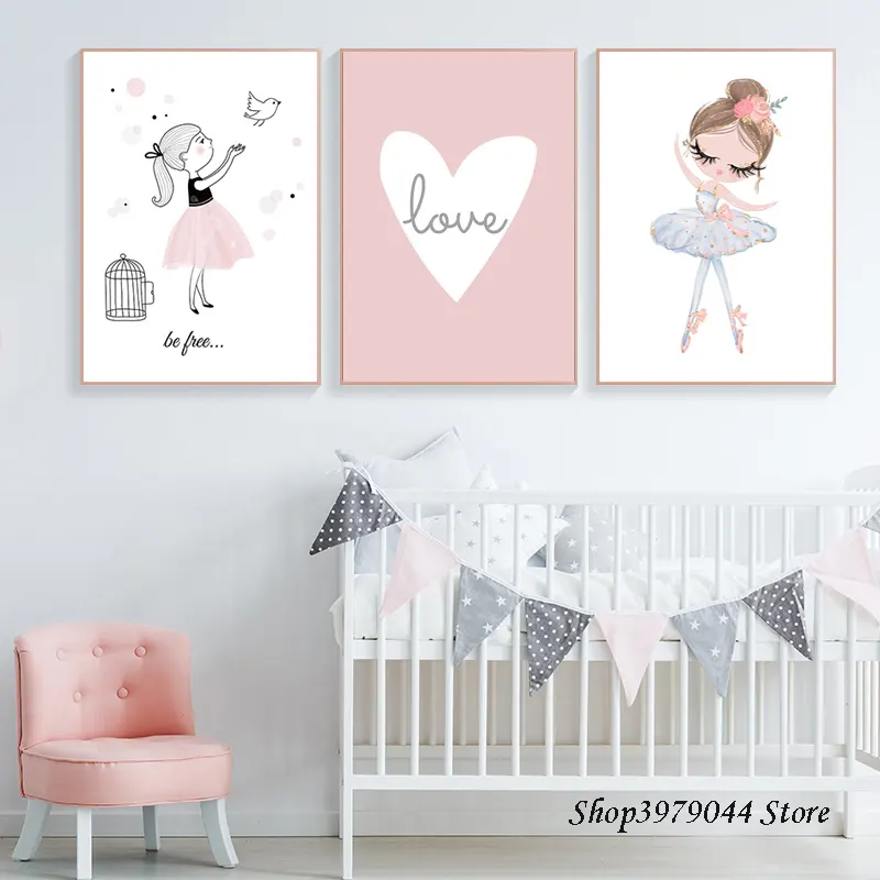 Kids Room Poster Pink Rabbit Children Dance Baby Girl Room Decor Wall Art Canvas Painting Nursery Prints Ballet Bedroom Picture