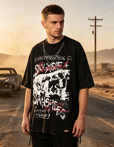Kaos Pria Wasteland Style Heavyweight 100% Katun Gothic Dark Streetwear Cetak Huruf Oversized Unisex <span class=keywords><strong>Vintage</strong></span> Graphic Tee - Product Image 1