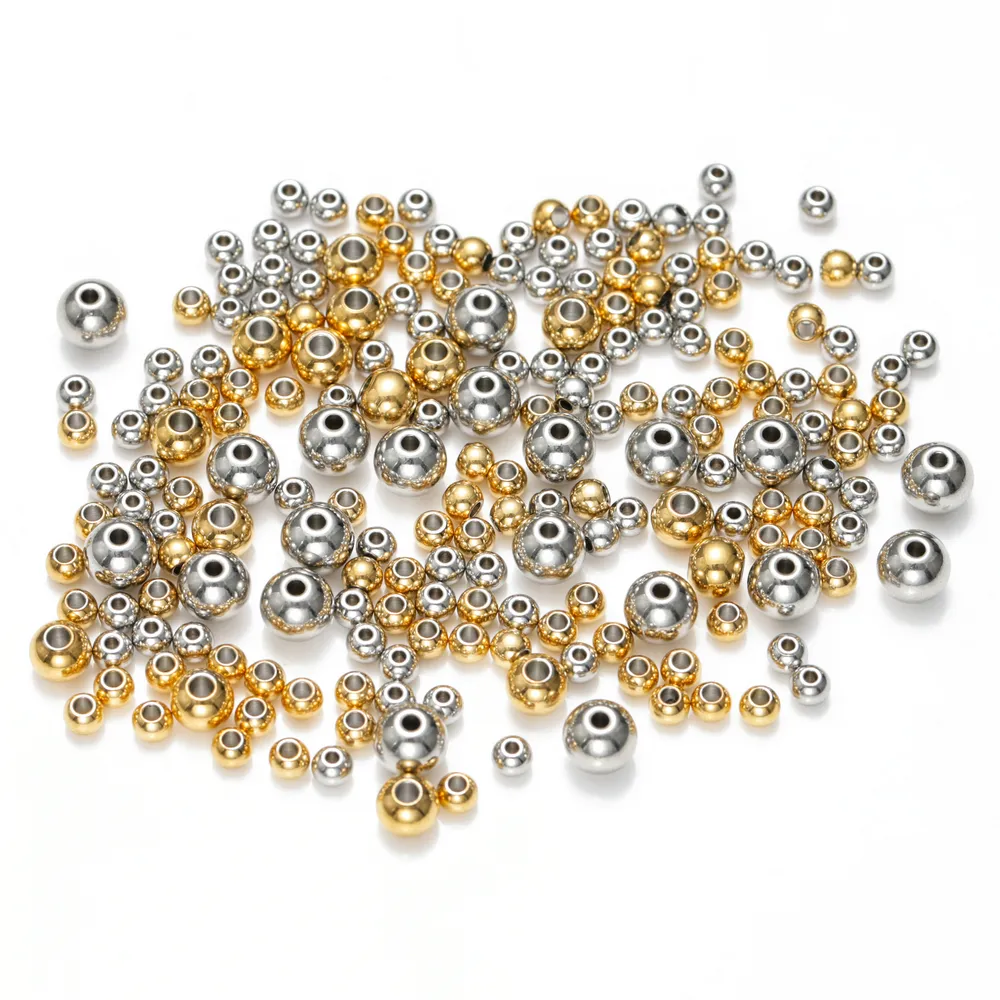 3-12Mm Stainless Steel Bulat Manik-manik Eropa Bola Logam Lubang Besar Spacer Beads untuk Perhiasan Membuat DIY Gelang Kalung