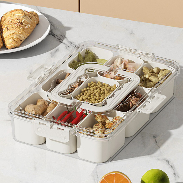 9 Compartment Plastic Clear Snack Box Sealed Plastic Divided Serving Veggie Tray Snackle Storage Box With Divider and Lid