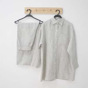 Set <span class=keywords><strong>pigiama</strong></span> in lino 100% a righe bianche personalizzate di lusso Premium per <span class=keywords><strong>uomo</strong></span> <span class=keywords><strong>camicia</strong></span> e pantaloni in puro lino leisuewear - Product Image 1