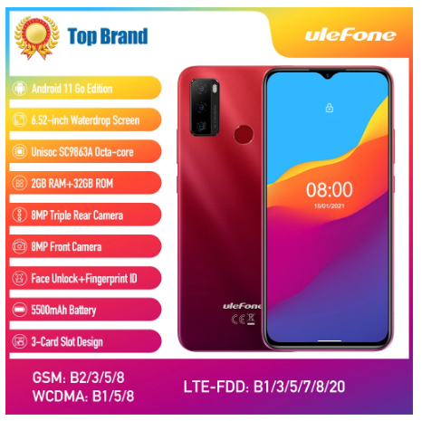Ulefone Note 10 Smartphone Octa-core Processor 6.52" 2+32GB Android 11 3-Card Slot Fingerprint ID Face Unlock 4G LTE Cellphone