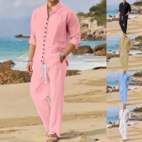 Ensemble 2 pièces Jiaer pour homme : Chemise à col montant en lin à manches trois-quarts et pantalon à cordon de serrage – Tenue décontractée de plage – Vente en gros OEM