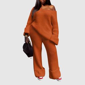 Conjunto de Dos Piezas de Pantalones y Top de Punto de Color Sólido con Cuello en V, Holgado, para Mujer, Disponible en Stock - Product Image 6