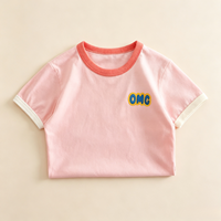T-shirt basique d'été pour filles, col rond, manches courtes, en coton, avec bordure contrastée, patch OMG personnalisable