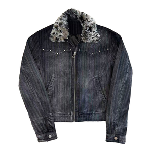 Wholesale OEM Custom Mens Vintage Washed Striped Corduroy Jacket Faux Fur Collar <b>Rivet</b> Decorated Zip Up Casual Outerwear - Product Image 1
