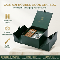 Boîte cadeau pour cigares vert forêt à double porte avec insert moulé sur mesure, fermeture à charnière et tirette à ruban, emballage pour tabac