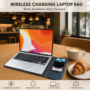 Sacoche pour ordinateur portable en cuir PU avec fonction de charge sans fil 15W et tapis de souris intégré, vente en gros OEM, idéal pour les professionnels - Product Image 1