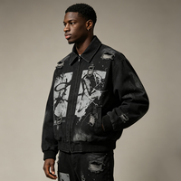 Jaket Kerja Hitam Robek Bergaya Distressed Kornit DTG Abstrak Seni Cetak Blok Efek Pudar dan Usang dengan Ritsleting Model Bomber Streetwear