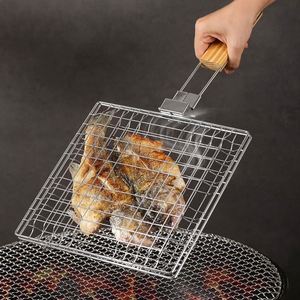 Cesta de barbacoa plegable de hierro con mango de madera para camping al aire libre, cesta para asar pescado - Product Image 2