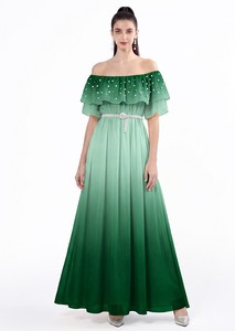 Robe longue élégante pour femme avec ceinture en perles, <span class=keywords><strong>deux</strong></span> modes de port, col à volants, strass et perles, imprimé dégradé de couleurs - Product Image 5