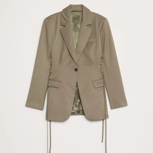 Blazer Entallado para Mujer, Estilo Urbano, Color Verde Oliva, con Cordones Laterales Ajustables, Cierre de un Solo Botón, Solapa con Muescas, Diseño Único, Estilo Oficina - Product Image 1