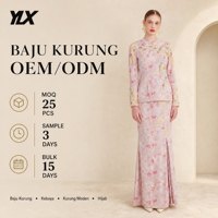 Ensemble de vêtements modestes plissés à manches transparentes, vert sauge, motif floral, style Baju Kurung moderne, personnalisé OEM ODM Raya 2026
