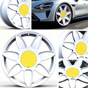 Rines Deportivos de Lujo para <span class=keywords><strong>Ferrari</strong></span> y Porsche, Blancos Brillantes con Diseño Floral de 8 Radios, Forjados, con Tapas de Eje Amarillas Personalizadas - Product Image 6