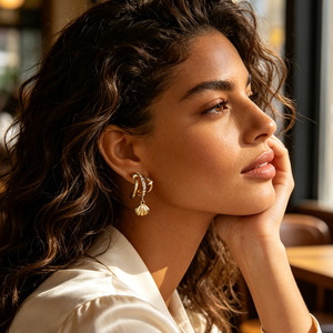 SUMMLY Pendientes de Aro Pequeños Elegantes y Modernos con Diseño de Concha, Chapados en Oro de 18K, de Acero Inoxidable, con Estrella, Joyería de Moda - Product Image 1