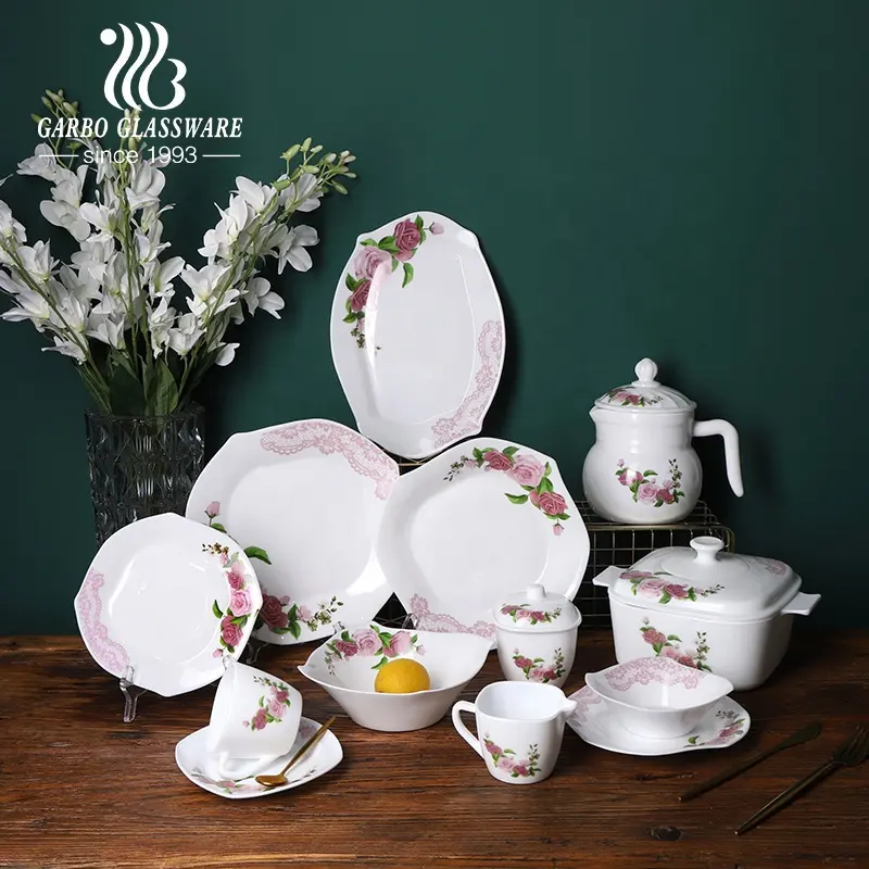 Set di stoviglie in vetro opale all'ingrosso 58 PCS Set di stoviglie con fiore rosa rosa personalizzato per la decorazione domestica del tavolo da pranzo