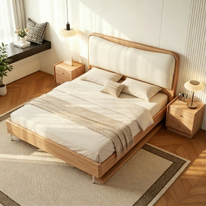 Minimalist Oak Queen Bed <b>Frame</b> with Upholstered Headboard and Plywood Panel Design - Product Image 1