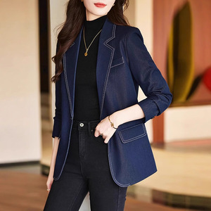 Women's Navy Blue Blazer Slim Fit Polyester Anti-Wrinkle Spring Autumn Wear - Product Image 4