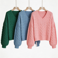 Pull en maille torsadée col en V pour femme, vert forêt, manches longues bouffantes, épaules tombantes, revers côtelés, pull décontracté