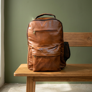B.S INTERNATIONAL Vintage Casual Genuine Leather Unisex Laptop Backpack <b>Waterproof</b> Eco-Friendly Geometric Pattern External Frame - Product Image 4