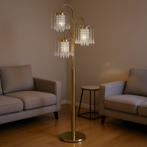 Lampe de sol en métal de 63 pouces de hauteur, design élégant de lustre en cristal, finition laiton, source de lumière LED, éclairage intérieur résidentiel - Product Image 2