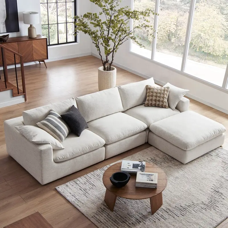 Sofá estendido com ottoman modular, sofá de secção reversível de 4 peças com penas para sala de estar