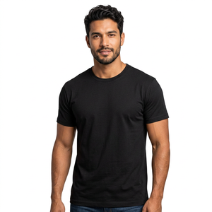 Camiseta de Algodón Negra para Hombre, Manga Corta, Cuello Redondo, Corte Regular, Estilo Informal, Color Sólido, Tejido de Punto Jersey, Estilo Liso Teñido - Product Image 1