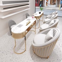 Table de manucure moderne avec cadre en métal doré de luxe, simple ou double, avec un ensemble de chaise et un collecteur de poussière