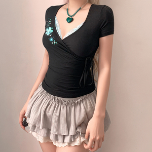 Womens Y2K Side Tie V Neck <b>Sequin</b> Lace Patchwork Slim Fit T Shirt <b>Top</b> Streetwear - Product Image 5