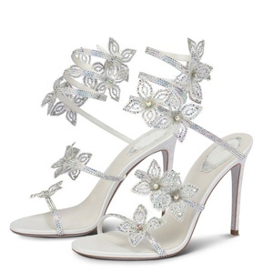 Sandales à talons aiguilles haut de gamme pour femme, ornées de fleurs et de diamants brillants, avec brides sexy à la cheville et bout rond ouvert, chaussures de soirée - Product Image 5