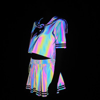 Costume deux pièces réfléchissant coloré, marin sexy, t-shirt féminin mignon, jupe plissée, uniforme scolaire de performance