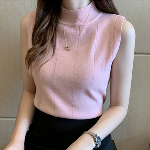 Koreanische Sommer Frauen Tops Neue Freizeit kleidung Ärmellose feste Frauen Bluse Strick Elastic Fashion Damen Tops Slim High Collar - Product Image 1