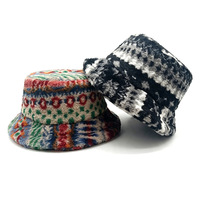 Topi Bucket Wanita Landfond Aksesoris Retro Motif Fair Isle, Tebal, Hangat, Vintage, Jacquard, Bulu Halus
