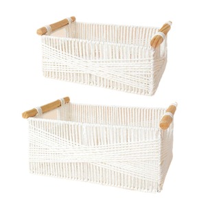 Panier de rangement rectangulaire en corde de coton tressée blanche avec poignée en bois, organisateur pour la maison et le bureau, type sur pied - Product Image 1