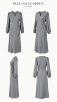 Robe longue décontractée pour femme, en mélange coton-lin, col en V, manches longues, avec ceinture à nouer, coupe trapèze, unie, style modeste musulman, idéale pour le bureau et le quotidien