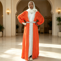 Abaya ouverte en strass argentés de qualité supérieure, douce et légère, avec ceinture et manches bouffantes, robe musulmane pour femme, pour l'Aïd, les mariages, les banquets familiaux, OEM et ODM