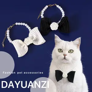 2024 Pearl Bow Pet Necklace Small Xiangfeng Mountain Camellia Yarn Necktie Cat and Dog Necklace Accessories